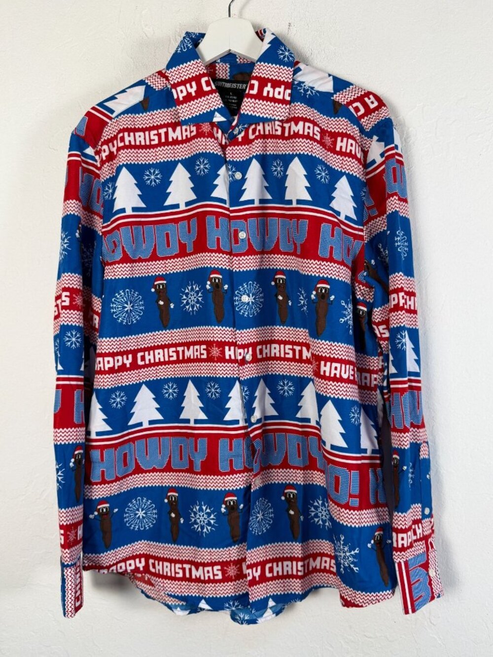 Suitmeister Shirt Mens Large Ugly Christmas Novelty Print Howdy Button Up Blue